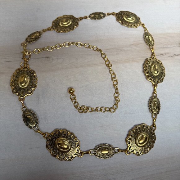 Yellow Gold Tone Concho Medallion Metal Chain Link Belt 30" - 43" western - Picture 4 of 8